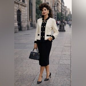 St. John Collection Santana Knit Cream & Black Jacket Gold Chain Trim Sz 6